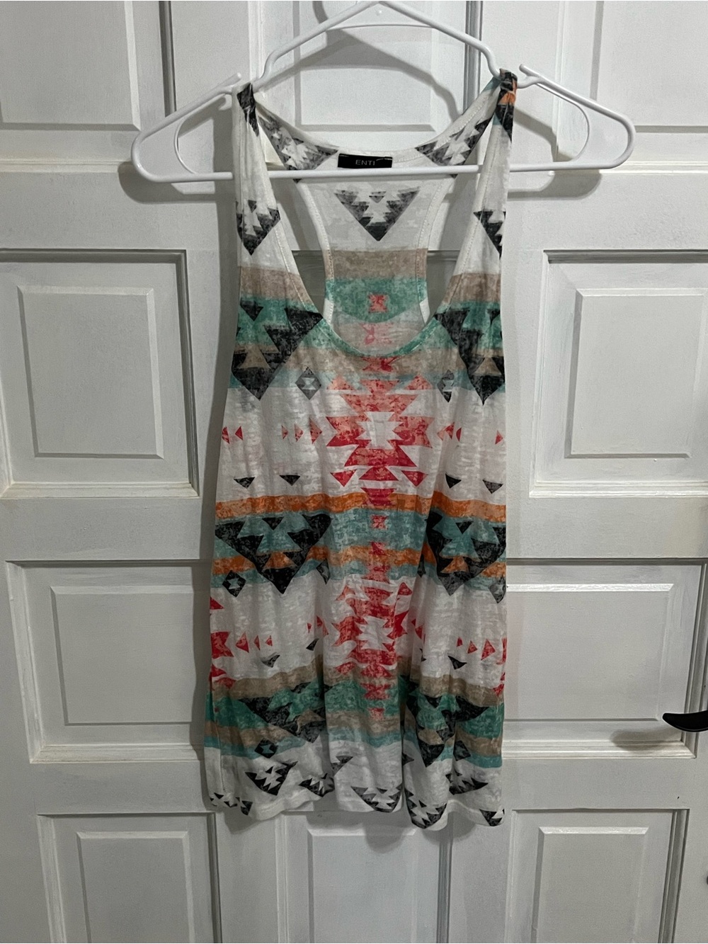 Aztec Print Scoop Neck Tank Top - White/Multi